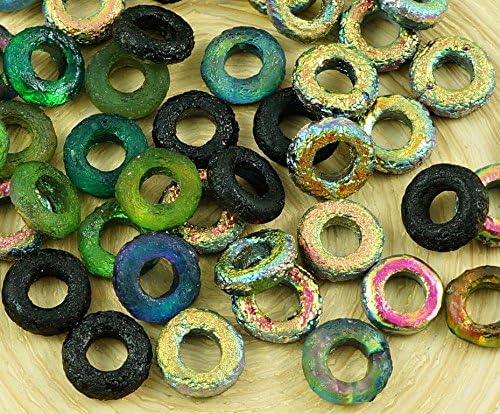 40pcs Matte Mix Metallic Dichroic Vitrail Green Pink Half Etched Rustic Czech Glass Flat Ring Beads O Shaped Large Hole Donut Beads 9mm
