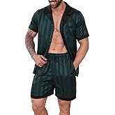 DEARCASE Men's Pajamas Set - Satin Silk Sleepwear, Short Sleeve Button Down 2 Piece Loungewear, Soft & Cooling Pjs for Men