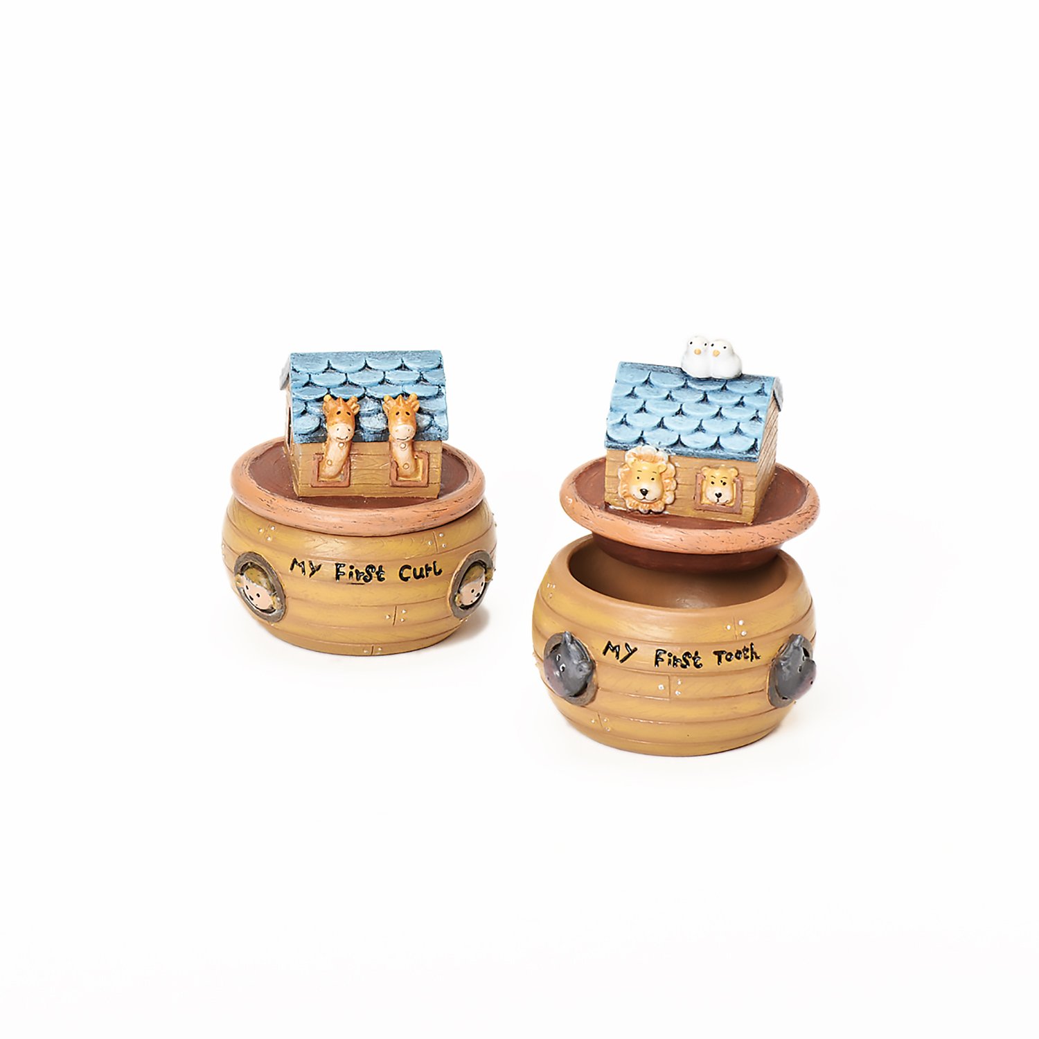 RomanExclusive Noah's Ark Hand Painted Keepsake Box Set Incised with My First Tooth and My First Curl, 3-Inch Tall