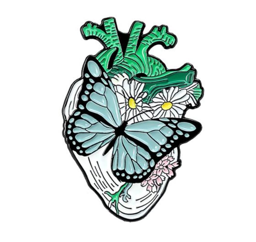 Creative Aesthetic Anatomic Heart Enamel Pin With Butterfly Flower Brooch Heart Lapel Pin for Backpack Clothing Bag Shirt for Women Girls Kids Gift