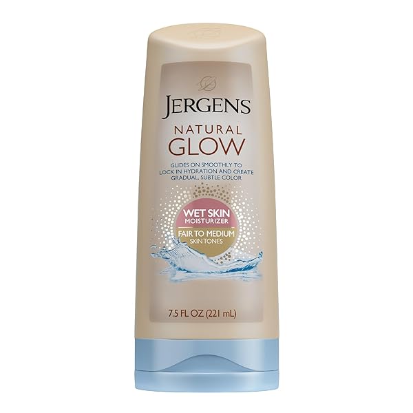 JERGENS NATURAL GLOW IN SHOWER LOTION, SELF TANNER FOR FAIR TO MEDIUM SKIN TONE, SUNLESS TANNING WET SKIN LOTION FOR GRADUAL, FLAWLESS COLOR, 7.5 OUNCE (PACKAGING MAY VARY)