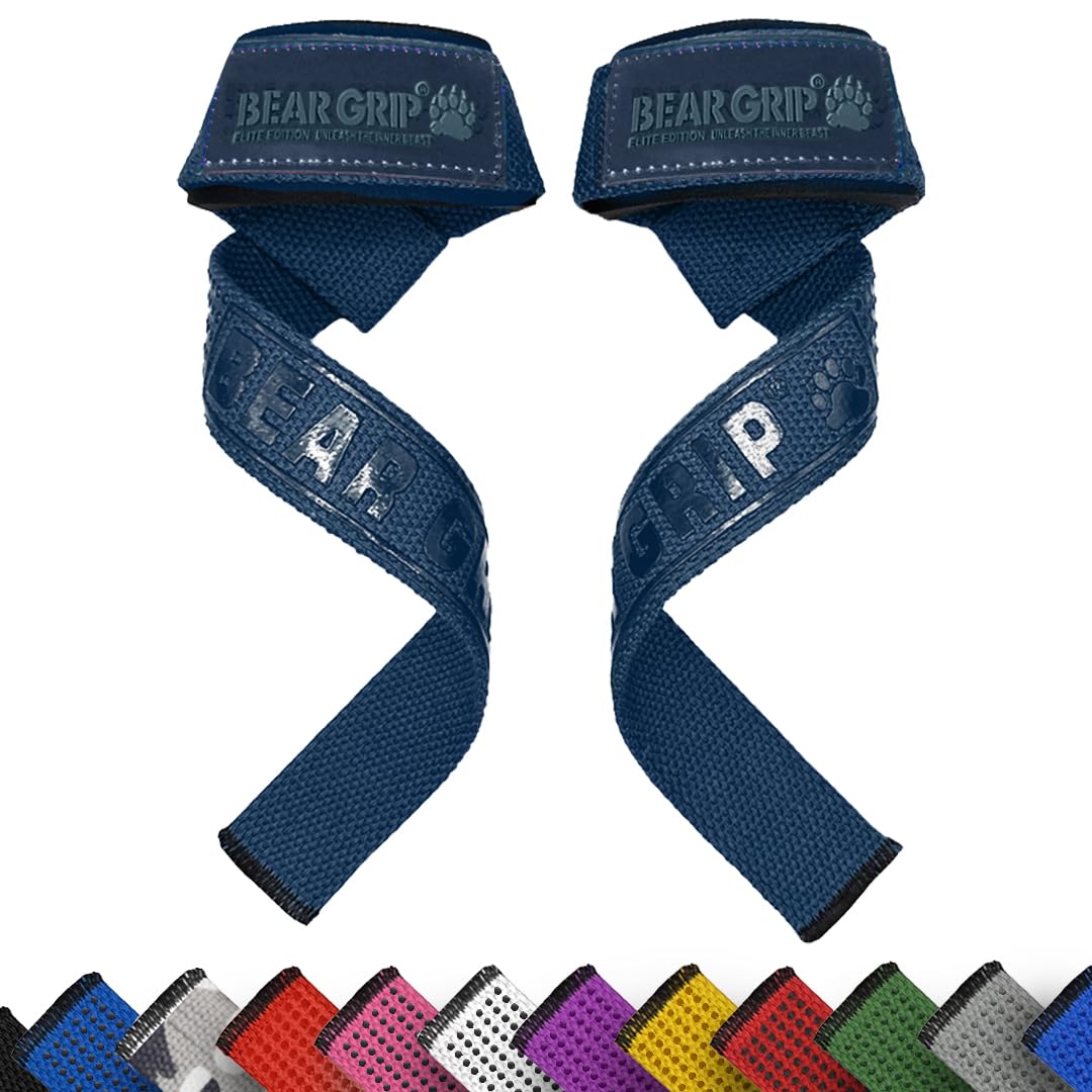 BEAR GRIP Straps - Premium Neoprene padded Heavy Duty double stitched weight lifting gym straps, Gel grip, 100% cotton, Extra long length (Navy Blue)