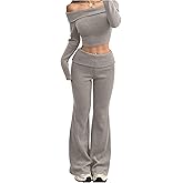 Verdusa Women's Comfiest Airport Outfits 2 Piece Sets Fold Over Off Shoulder Crop Top with Flare Pants