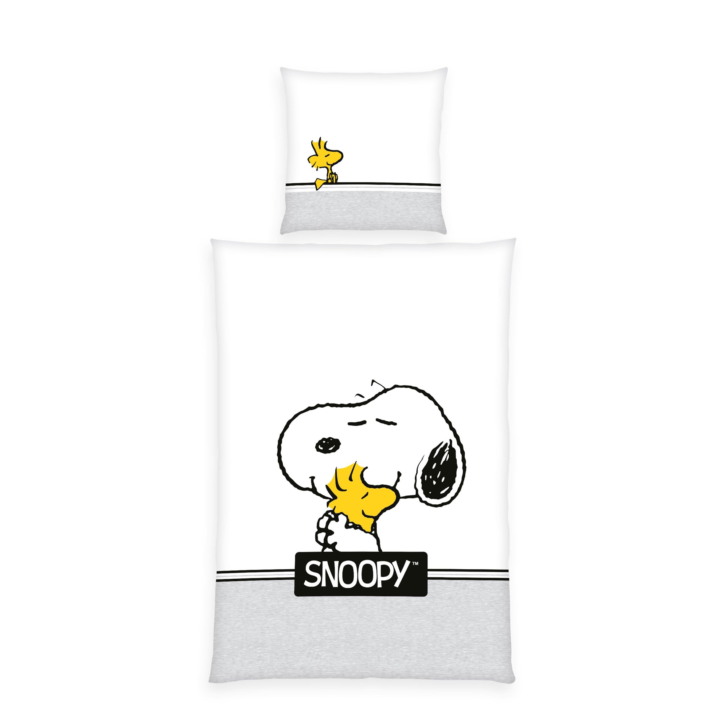 Herding Peanuts Snoopy Bed Linen, Pillowcase 80 x 80 cm with Reversible Motif, Duvet Cover 135 x 200 cm, with Zip, 100% Cotton/Renforcé, White/Grey