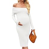 Yousify Womens Maternity Sweater Dresses Off Shoulder Long Sleeve Knit Bodycon Midi Dresses for Baby Shower Photoshoot