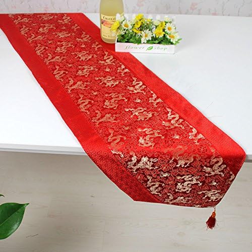 SAEKLL-Chinese classical double fringed table runner pattern, dragons pattern silk table runner 33150cm,Red