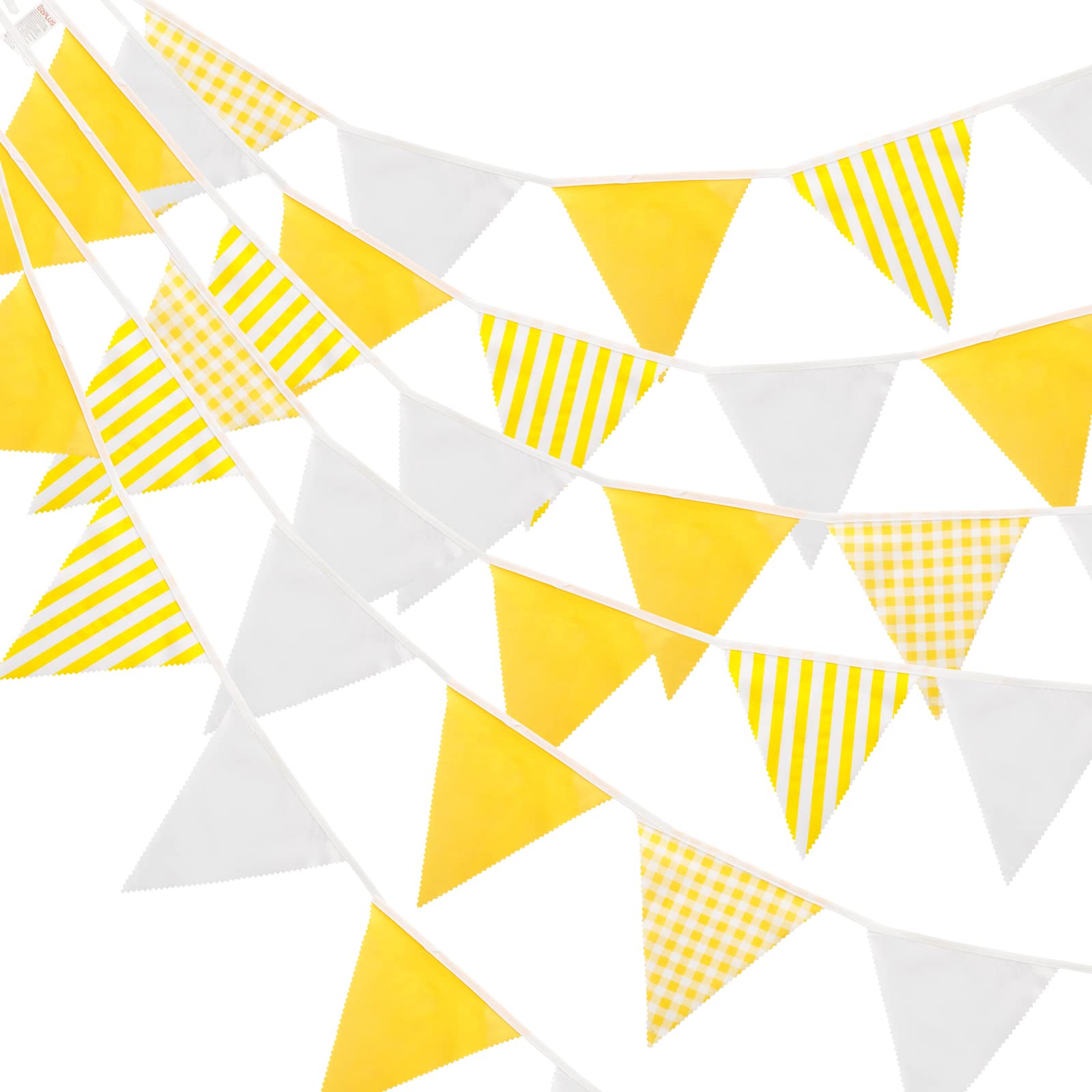G2PLUS 12M Yellow and White Stripe Fabric Bunting - 42PCS Cloth Gingham Bunting - Cotton Stripe Banner Pennant - Large Triangle Garland Banner for Kid's Bedroom Playhouse, Easter Garden Party Decor