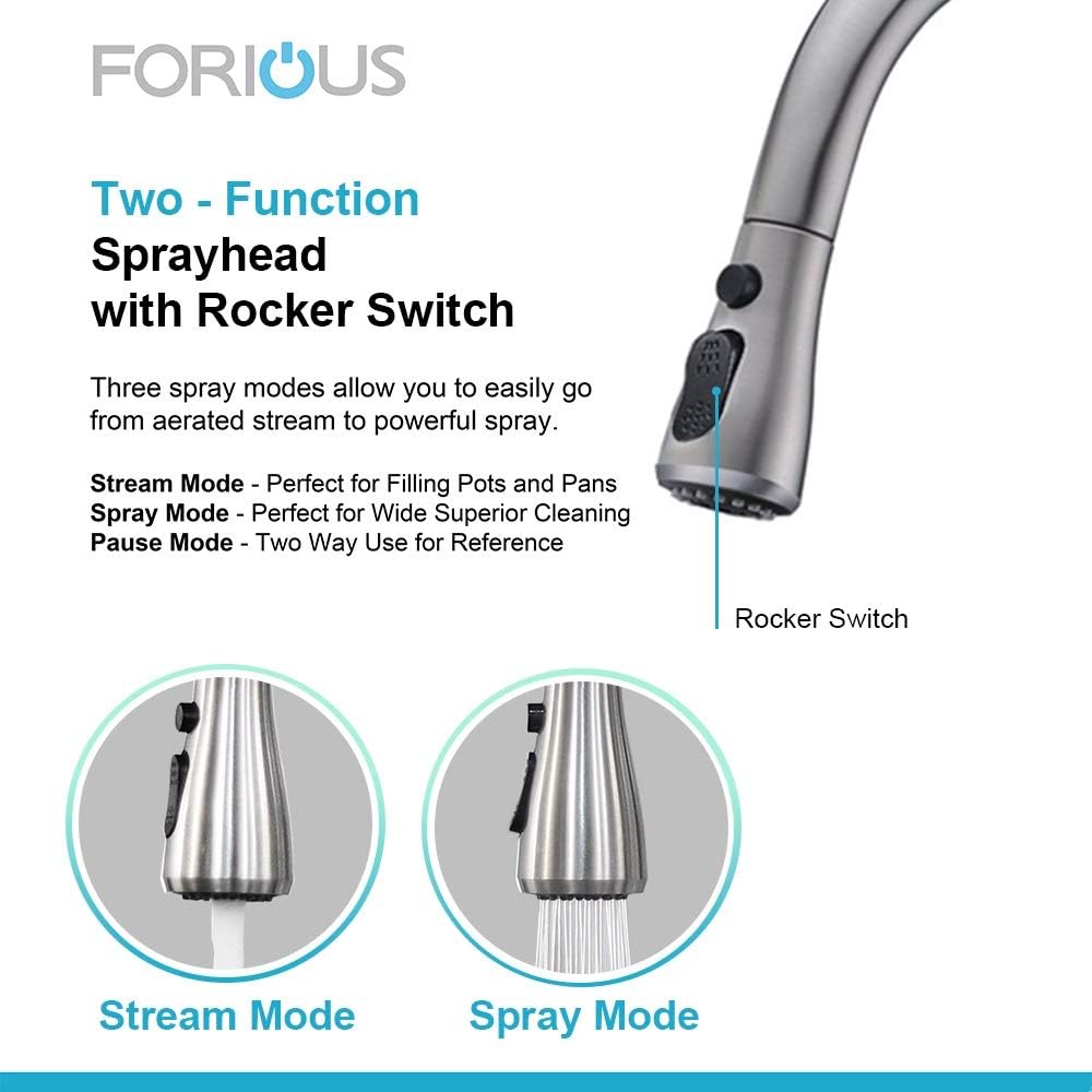 FORIOUS Kitchen Faucet with Pull Down Sprayer Brushed Nickel, High Arc Single Handle Kitchen Sink Faucet with Deck Plate, Commercial Modern rv Stainless Steel Kitchen Faucets, Grifos De Cocina - - 