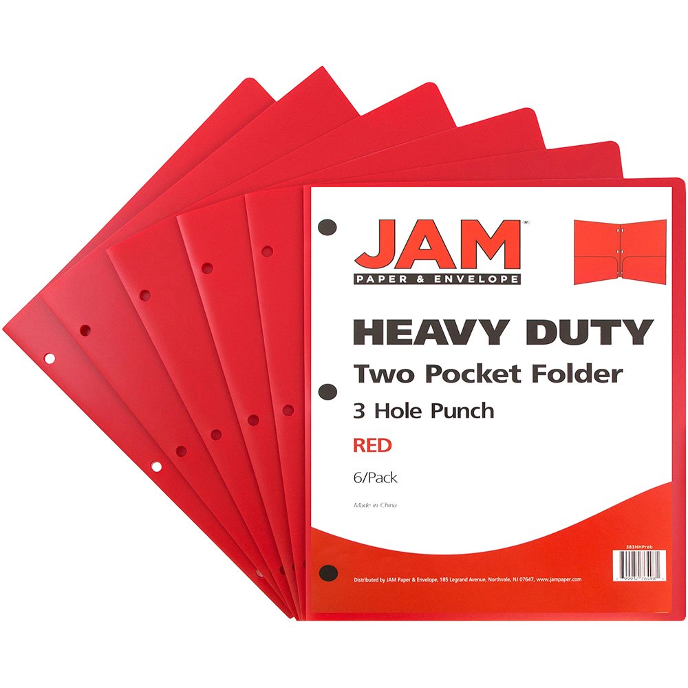 6/Pack JAM PAPER Heavy Duty Plastic 3 Hole Punch School Folders with