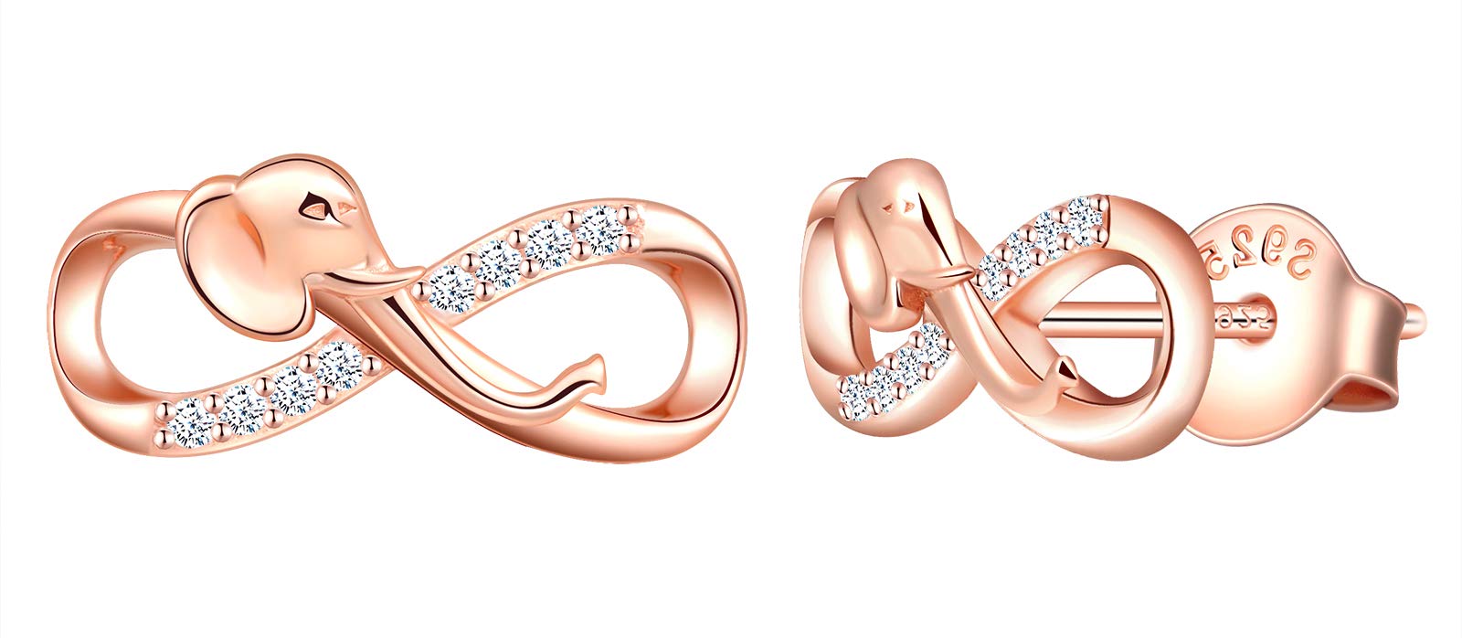 MicLee Woman's girl's Earrings, 925 Sterling silver animal earrings, Mini elephant infinity symbol earrings studs, Inlaid zircon, rose gold