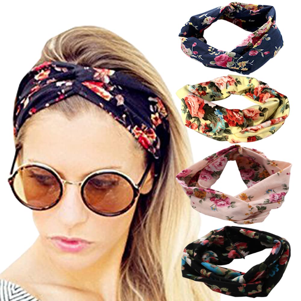 DRESHOW 4 Pack Women Headbands Vintage Elastic Boho Floral Style Criss Cross Head Wrap Hair Band Cute Hair Accessories