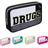 Large Chenille Letters Makeup Bag - Clear Glitter Preppy Patch Stuff Cosmetic Bag, Toiletry Stuff Pouch for Women - Valentines Day Gifts (10.62*6.29*3.54 inch, Black)