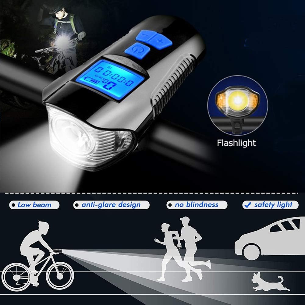 Quan Bike Speedometer with LED Bicycle Light, USB Rechargeable Front Light and Rear Light Set IP65 Waterproof Cycle Headlight with Smart Code Table Fits All Mountain & Road Bike (Black) : Sports & Outdoors