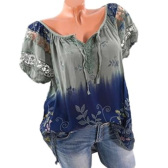 VJGOAL Damen T-Shirt, Damen Mode Kurzarm V-Ausschnitt Spitze Gedruckte Spitze Tops Sommer Lose T-Shirt Bluse