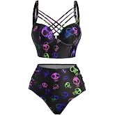 DRESSFO Womens Gothic Retro Skull Rose Mushroom Bikini Set | Gothic skull,rose flower,mushroom print, Beach Bikini,Vintage bikini, Retro Tankini,High Waisted Tummy Control Bathing Suit