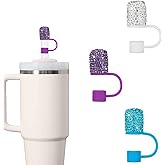 Bling Straw Caps for Water Bottles, Silicone Toppers for 10mm Straws, Reusable Rhinestone Drinkware Accessories for Women, Pack of 3, White, Blue, Purple