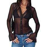 SOLILOQUY Women Sheer Long Sleeve Top Sexy Button-up Lapel Neck Flared Cuff See-Through Mesh Going Out Blouse Party Clubwear