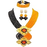 aczuv Fashion African Bead Necklace Nigerian Beads Wedding Jewelry Sets for Women (Black Orange)