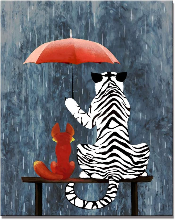 Welmeco Cute Tiger with Little Red Fox Picture Carton Animals Painting Canvas Prints Gifts for Friends Family Home Room Decoration