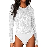 JWJP&CCYIQI Long Sleeve Sequin Bodysuit Glitter Sparkle One Piece Top with Sheer Mesh Thong