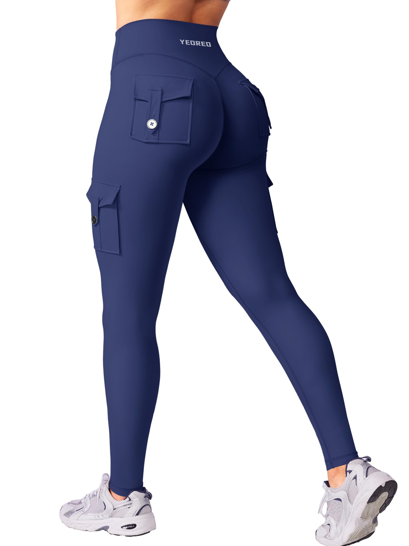 Photo 1 of YEOREO CoreFlex Gym Workout Cargo Leggings with Pockets for Women Hidden Scrunch Butt Lifting Yoga Pants Navy M