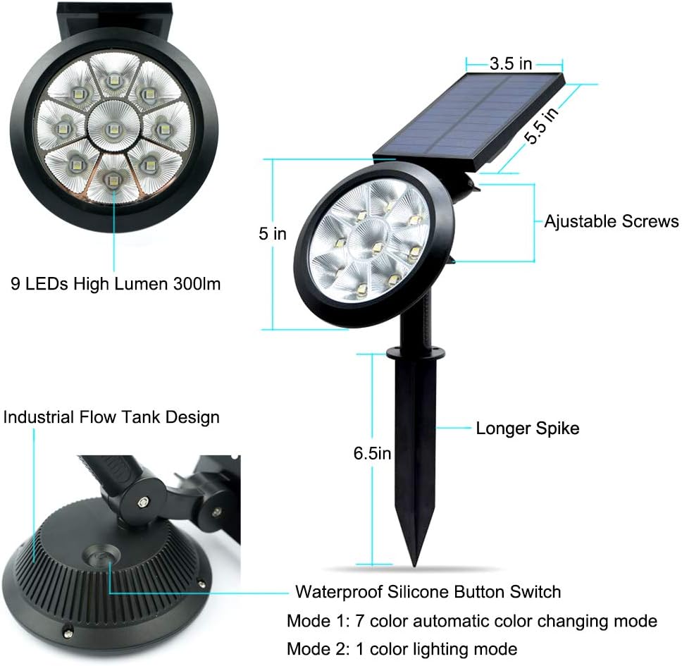 BOHON Solar Lights Outdoor - Ultra Bright, Waterproof, 9 LEDs Multi Color Spot Light with Auto On/Off, Solar Garden Light for Landscape Lighting Yard Patio Pathway (Changing & Fixed Color 2Pack) : Garden & Outdoor