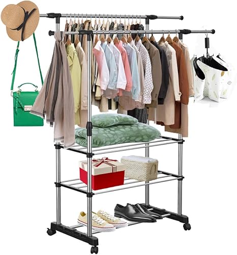 Amazon Yibaision ハンガーラック ダブル パイプハンガー 3段メッシュ棚 キャスター付き 縦横伸縮自在 室内布団物干しスタンド ラック スーツ ワンピース 洋服 コート掛けスタンド ハンガー 衣類整理 組立簡単 1ステンレス 太パイプ 耐荷重25kg 幅75 145 奥行42