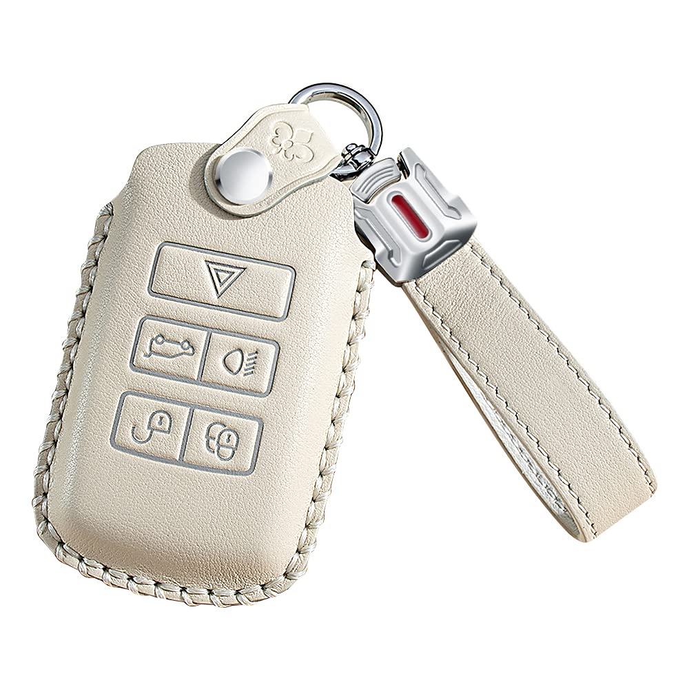 ontto Leather Car Key Fob Cover Keyring fit for Land Rover fit for Range Rover Sport Evoque Velar Discovery 5 2018 2019 up accessories Key Case keychain Remote key Shell key Holder Protector Beige B