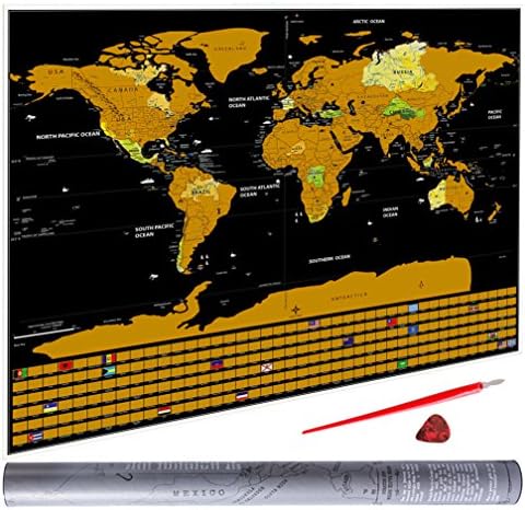 Scratch Off Map Of The World - Deluxe Large Scratching Wall Map for The Globe Traveler, Track Your Adventures, USA States Outlined and 210 Country Flags, With Scratch Pen and Guitar Pick, XL, Black
