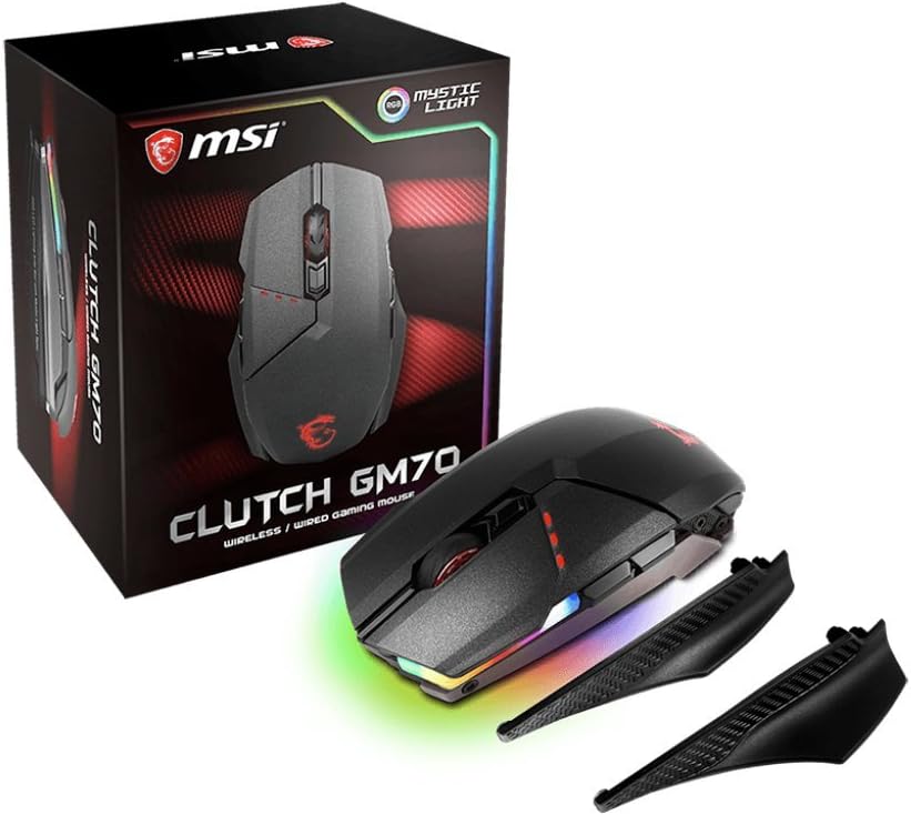 MSI Gaming Wired/Wireless USB RGB Adjustable DPI Programmable Gaming Grade Optical Mouse (Clutch GM70 Gaming Mouse), Black with RGB Backlights