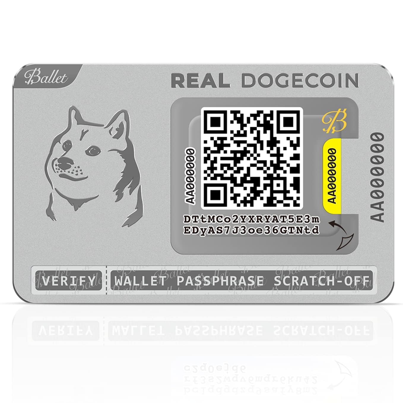 Ballet Real Dogecoin Cold Storage Wallet Card | 304 Stainless Steel | Non-Electronic | No 12/24-Word Seed Phrase | No PIN/Passcode Crypto App | 1,000+ Coins & NFTs
