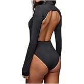 MakeMeChic Women's Open Back Tops Bodysuit Mock Neck Long Sleeve Corset Turtlenec Bodysuit