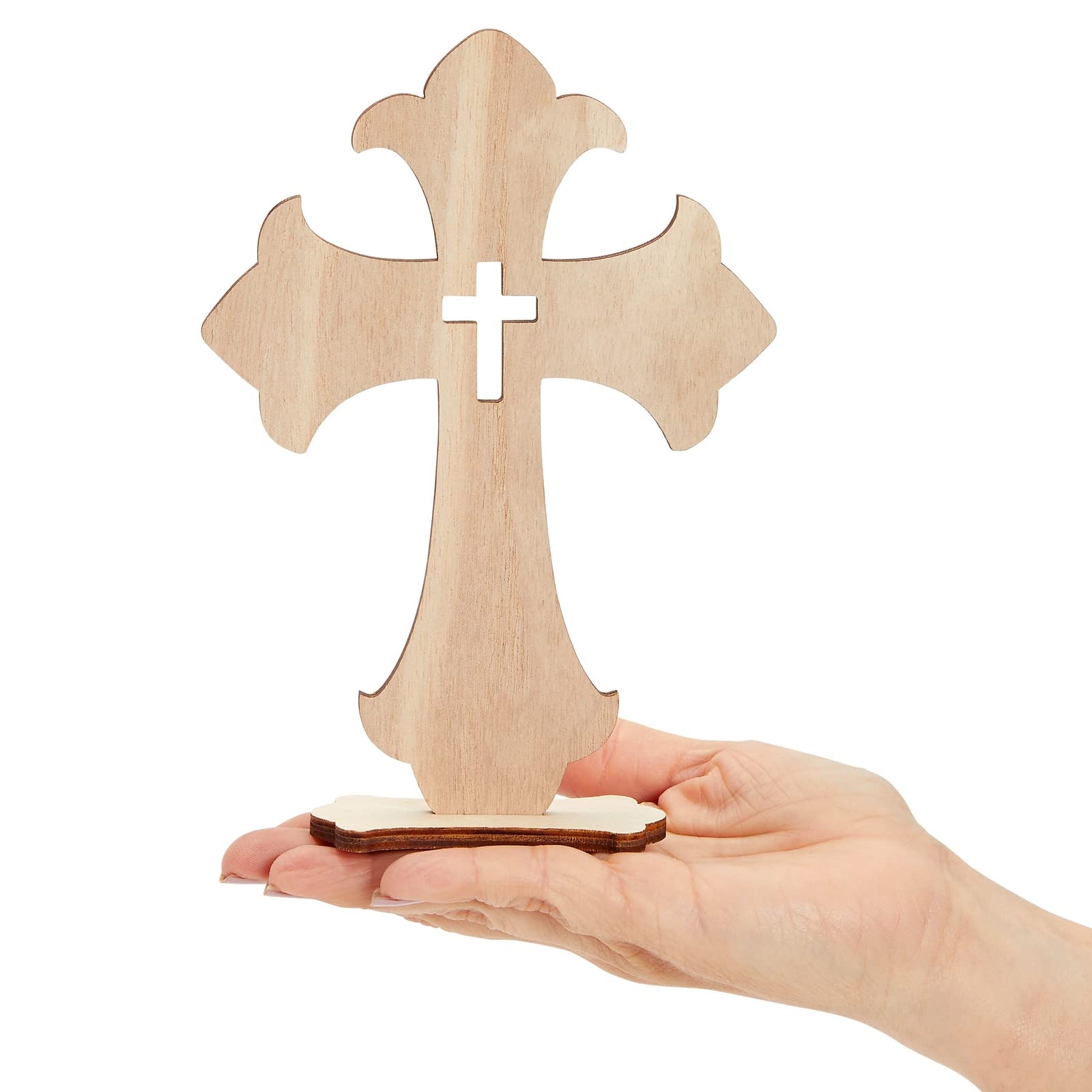 Bright Creations Wooden Crosses for Crafts - 12-Pack, 3 Sizes & Light Brown Unfinished Wood - DIY Blank Crosses with Stands - for Baptism Favors & Table Centerpieces