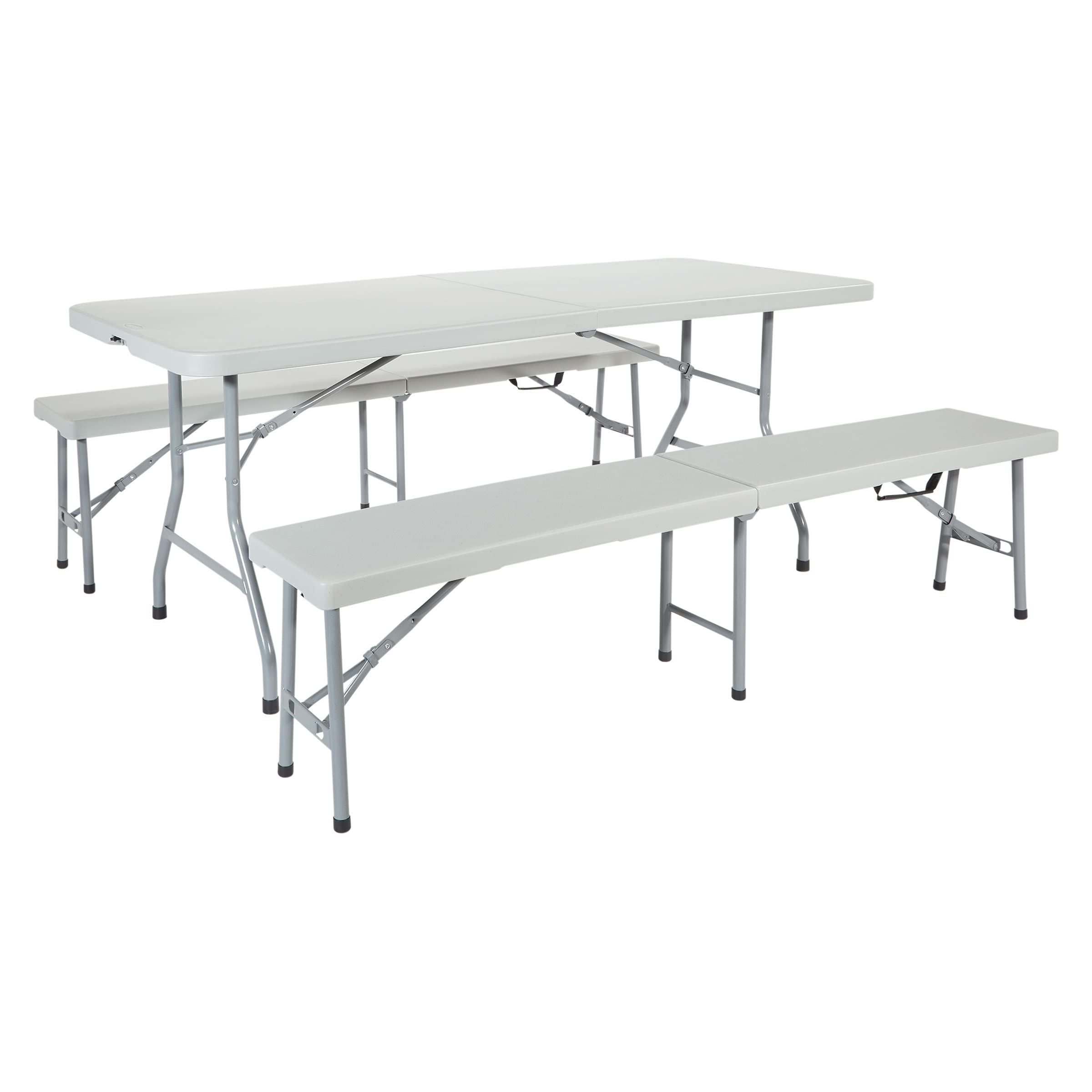 Photo 1 of Office Star Resin Furniture for Indoor or Outdoor Use, 3-Piece Set, 2 Folding Benches and 6 Foot Table
