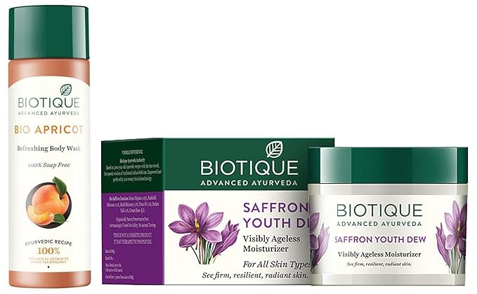 Biotique Bio Apricot Refreshing Body Wash, 190ml and Biotique Bio Saffron Dew Youthful Nourishing Day Cream For All Skin Types, 50G