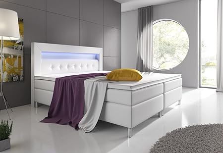 Boxspringbett 160x200 Weiß mit Topper LED Beleuchtung Hotelbett Topper Polsterbett Venedig