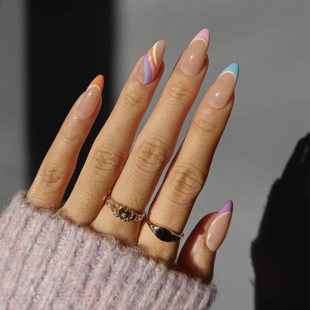 Sethexy Swirl Almond French False Nails Wave Line Stiletto Stick on Nails Abstract Pink Fake Nails 24Pcs Acrylic Art Press on Nail Tips for Women and Girls — image 1