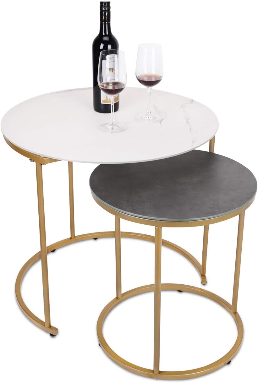 Modern Nesting Side Coffee Tables Set of 2, Tempered Glass with Glazed Marble Texture & Dark Gray Finish Top Waterproof Outdoor and Indoor End Tables, Stacking Table, ET219AB-WG: Kitchen & Dining