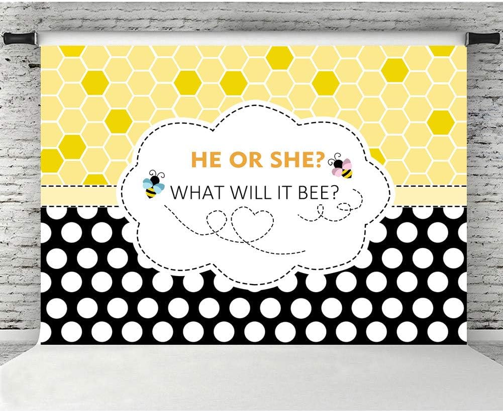 Fanghui 7x5ft Bee Theme Gender Reveal Party Photography Backdrop Bumble Bee He Or She What Will It Bee Background Honeycomb Dots Bee Day Party Banner Supplies Photobooth Props Camera Photo Video Electronics