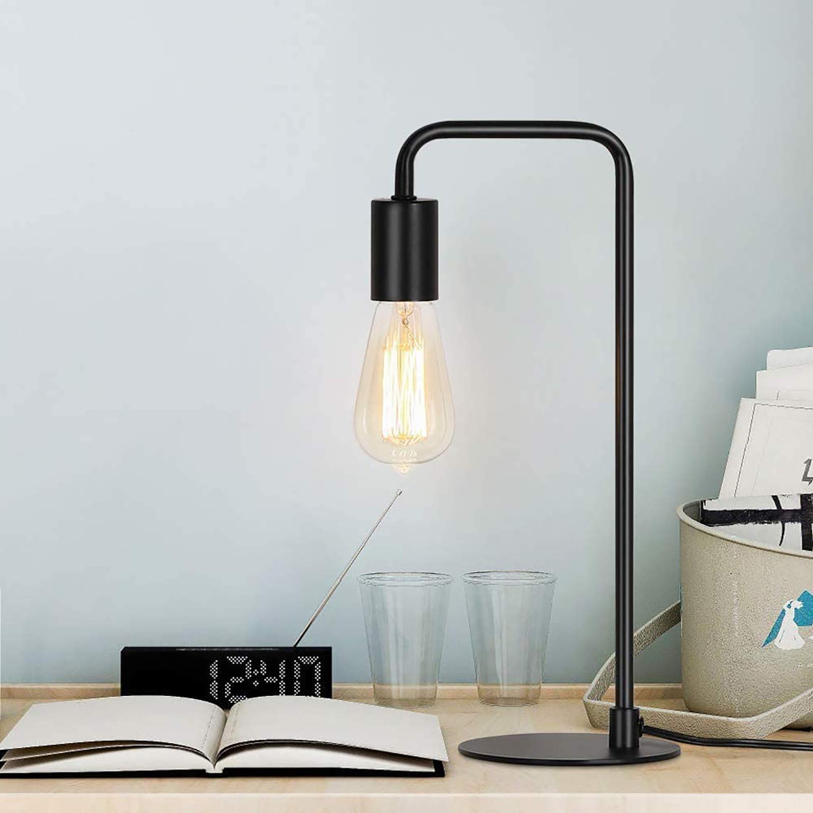 HAITRAL Vintage Industrial Bedside Lamp - Metal Desk Lamp with Circular Base, Nightstand Lighting for Bedroom, Office, Living Room - Black Retro Edison Style Table Lamp