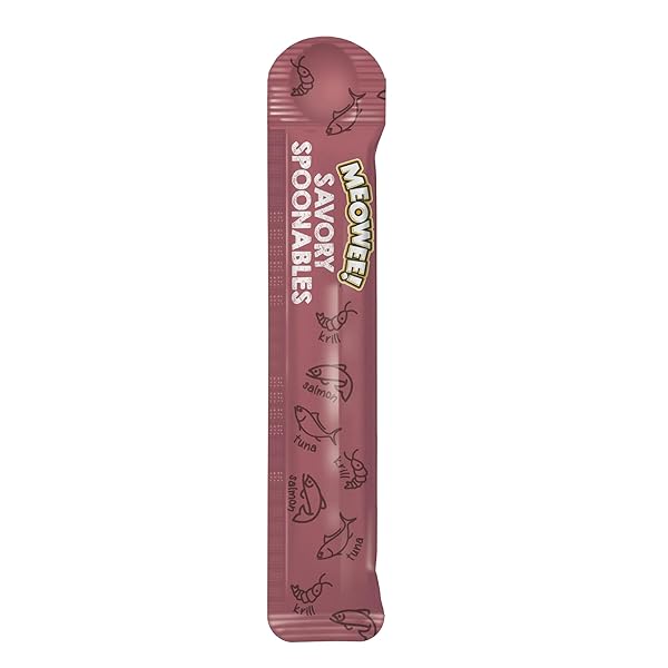 MEOWEE! SAVORY SPOONABLES WITH REAL SALMON, TUNA AND KRILL FOR CATS, 4 COUNT, TREAT YOUR CAT TO TRIPLE FLAVOR SQUEEZABLE LICKABLE WET TREATS WITH BUILT-IN SPOON FOR LESS MESS