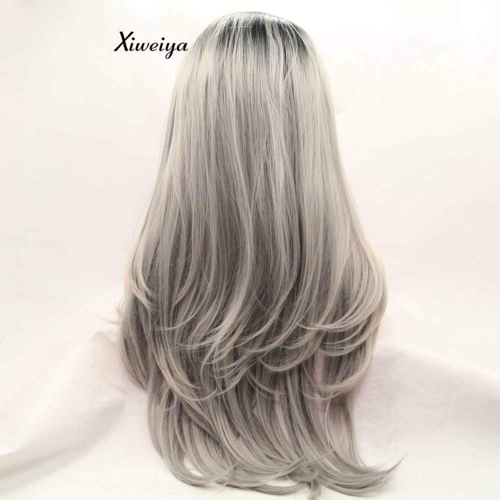 Xiweiya Black/Silver Grey Ombre Natural Straight Synthetic Lace Front Wigs Premium Grey Straight Wig With Dark Roots Heat Resistant Fiber Hair For Women Middle Part - Image 4