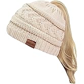 Rosoz 2 Pack Ponytail Beanie for Women,Winter Warm Beanie Tail Soft Stretch Cable Knit Messy High Bun Hat