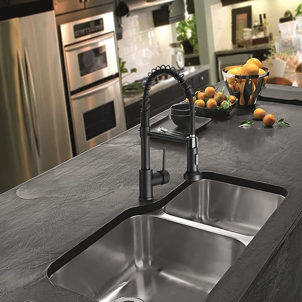 OWOFAN MATTE BLACK KITCHEN FAUCET WITH PULL DOWN SPRAYER – COMMERCIAL SINGLE HANDLE SPRING KITCHEN SINK FAUCETS, MODERN HIGH ARC LAUNDRY UTILITY FAUCET, 1 OR 3 HOLE DECK PLATE INCLUDED 9009R