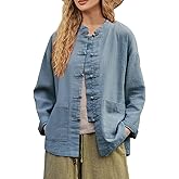 IXIMO Women's Linen Shirt Jakctes Vintage Cotton Long Sleeve Blouses Chinese Style Tunic Tops