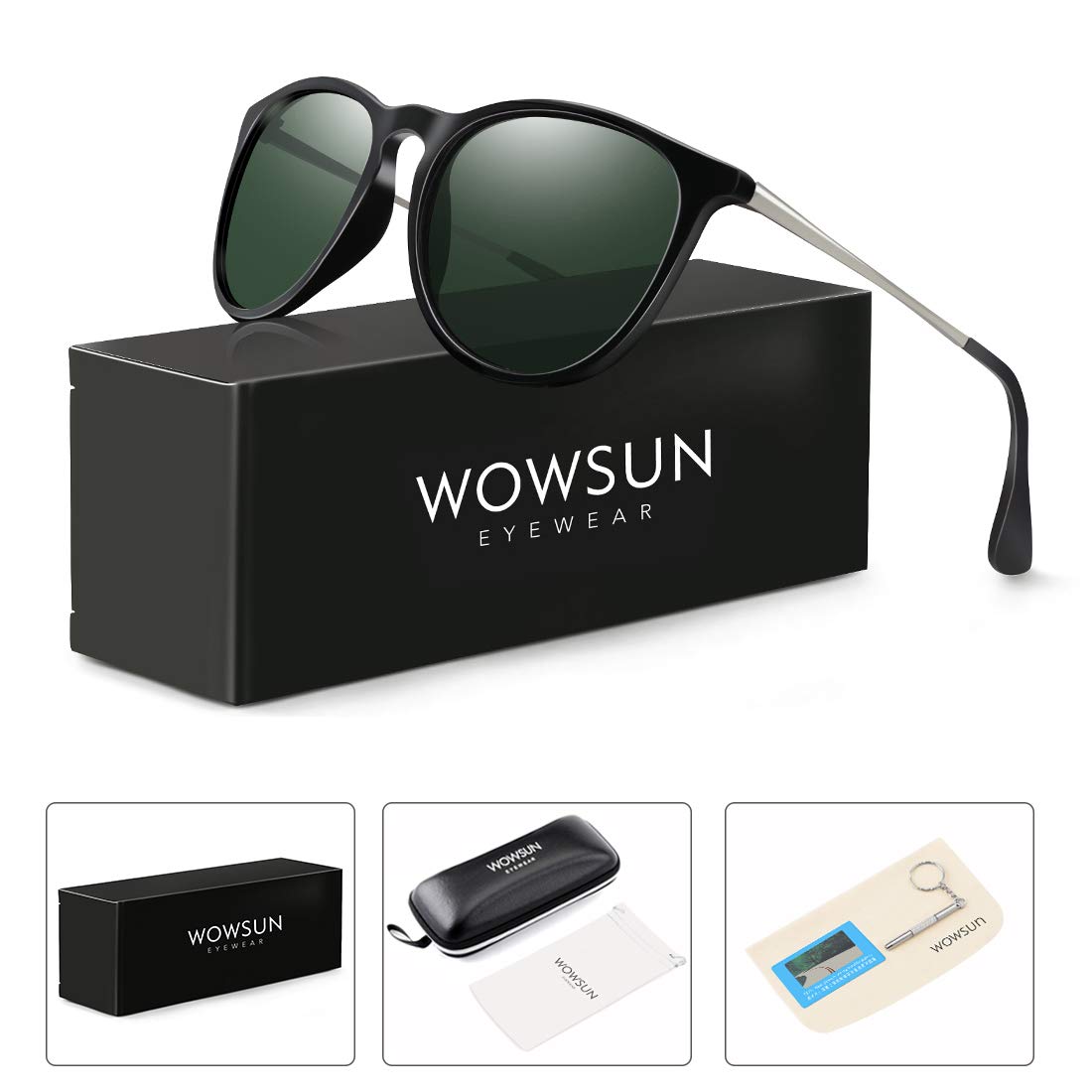 WOWSUN Polarized Sunglasses Women Vintage Retro Round Mirrored Lens Black Green