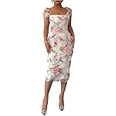 SHENHE Women's Floral Garden Party Dress Ruffle Trim Square Neck Cap Sleeve Mesh Bodycon Midi Dresses