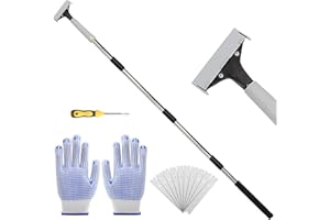 Greeily Floor Scraper, 31" to 61" Scraper Tool Long Handle with 4-inch Razor Blade Stainless Steel Material Adjustable Cleaning Glass Wall Gum Paint Tile Glue Linoleum Carpet Sturdy Durable