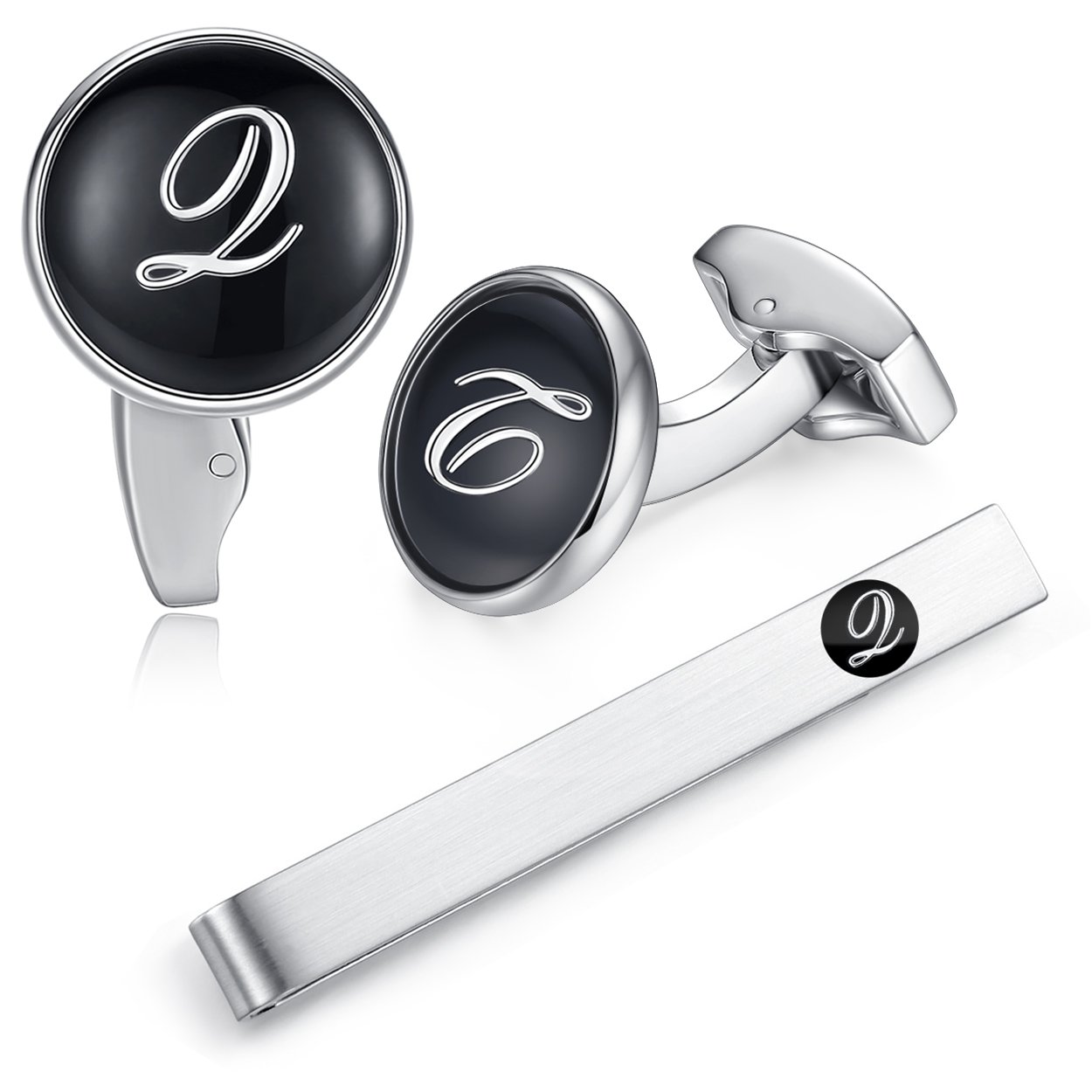 HONEY BEAR Initial Alphabet Letter Cufflinks Tie Clip Set for Mens - Black Round Stainless Steel, for Business Wedding Gift A - Z (Q)
