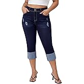 roswear Capri Jeans Stretchy for Women Skinny Cuffed Distressed Denim Pants
